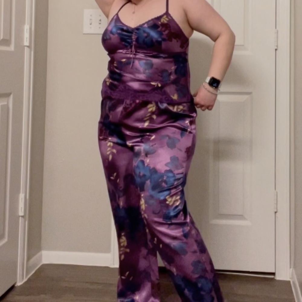Warner’s Sleepwear Silky Y2K Violet Purple & Blue Floral Lace Trim Sleep Set L